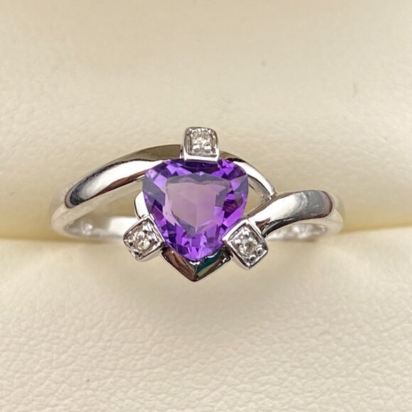 Vtg. 14K White Gold FP Friedman's Inc. 0.75 ct Amethyst & 3 Diamond Ring Sz. 7 - Picture 2 of 15